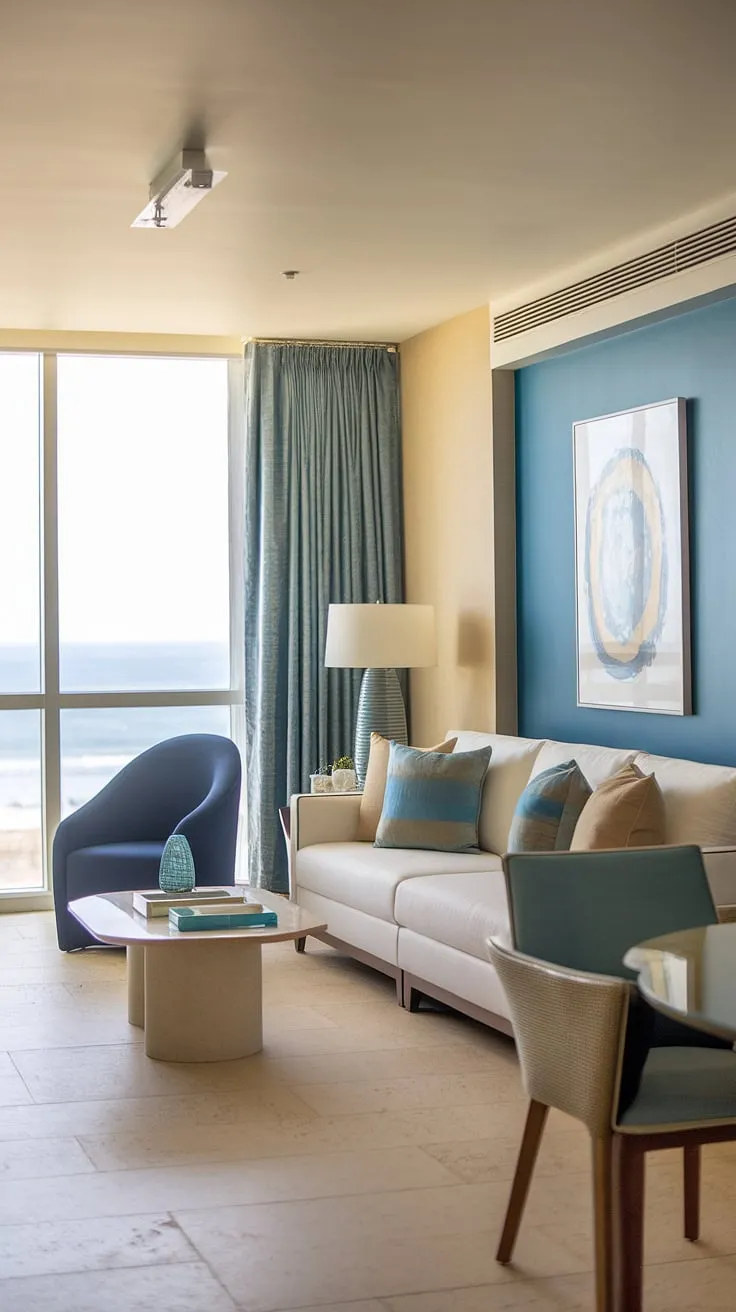 This Florida beach house interior boasts a breathtaking coastal interior design.  The coastal apartment's living room exemplifies coastal beach house decor at its finest, with thoughtful details and a sophisticated take on Hamptons decor.  Note the stunning coastal ceiling ideas that complete the coastal modern living room designs.