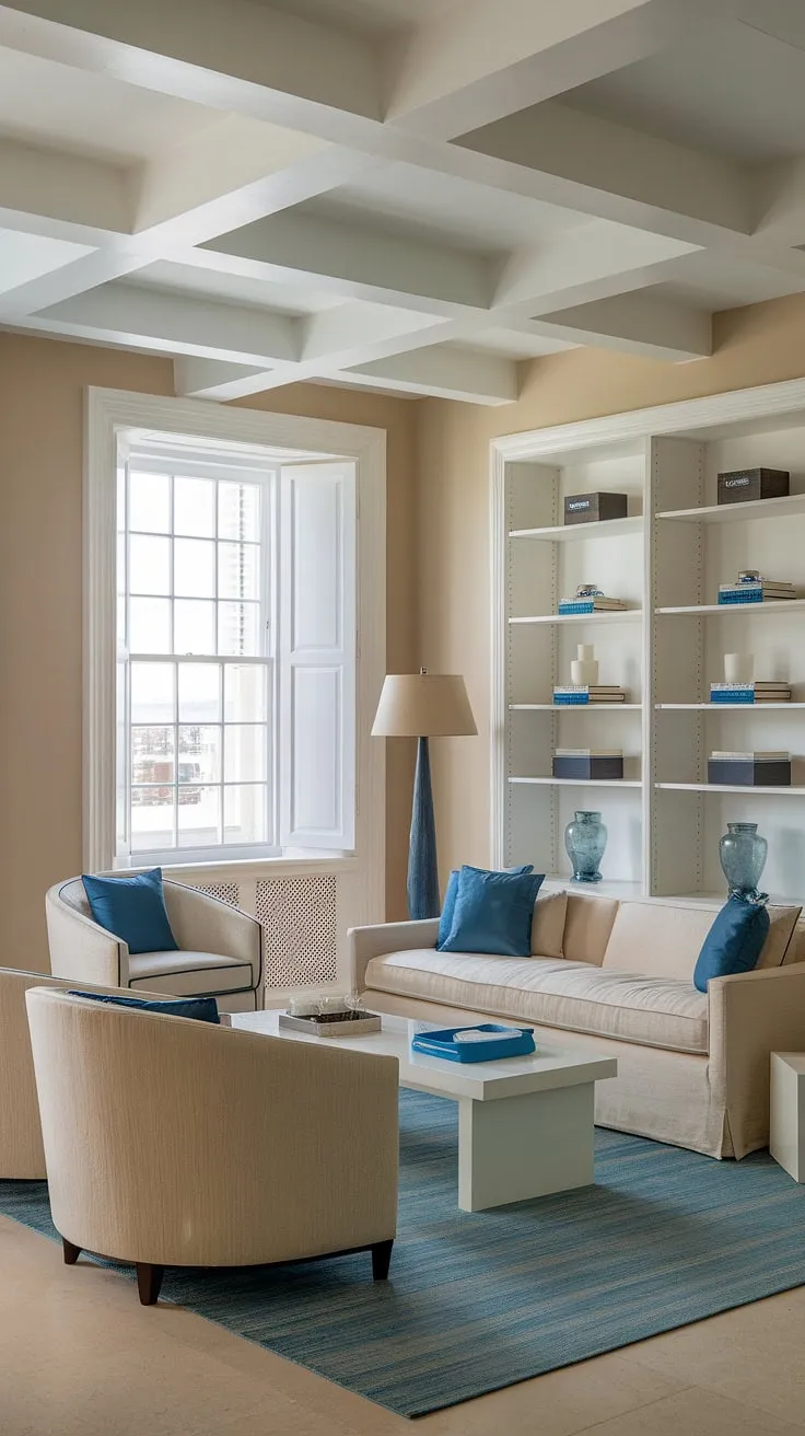 This coastal apartment's interior is pure coastal bliss.  Beach house decor meets Hamptons style in this Florida beach house interior, resulting in a breathtaking coastal modern living room design.  The coastal ceiling ideas add a touch of elegance to the overall coastal beach house decor.