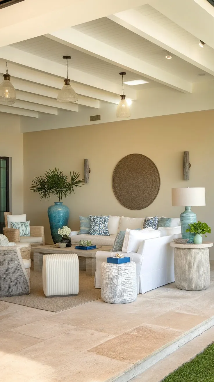 Sunlight streams into this stunning coastal apartment, showcasing the perfect blend of coastal modern living room designs and Hamptons decor.  The coastal ceiling ideas add a touch of elegance to the Florida beach house interior, while the beach house decor creates a relaxed, inviting atmosphere.