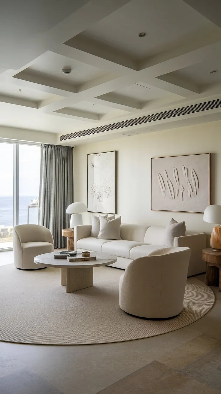 This coastal apartment boasts a stunning modern living room, showcasing the best of coastal interior design. The exposed beams in the coastal ceiling ideas create a unique focal point, while the white sofa and carefully chosen art pieces perfectly complement the beach house decor, reminiscent of both Florida beach house interiors and Hamptons decor.  The round rug anchors the coastal modern living room designs, creating a space that's both stylish and relaxing.