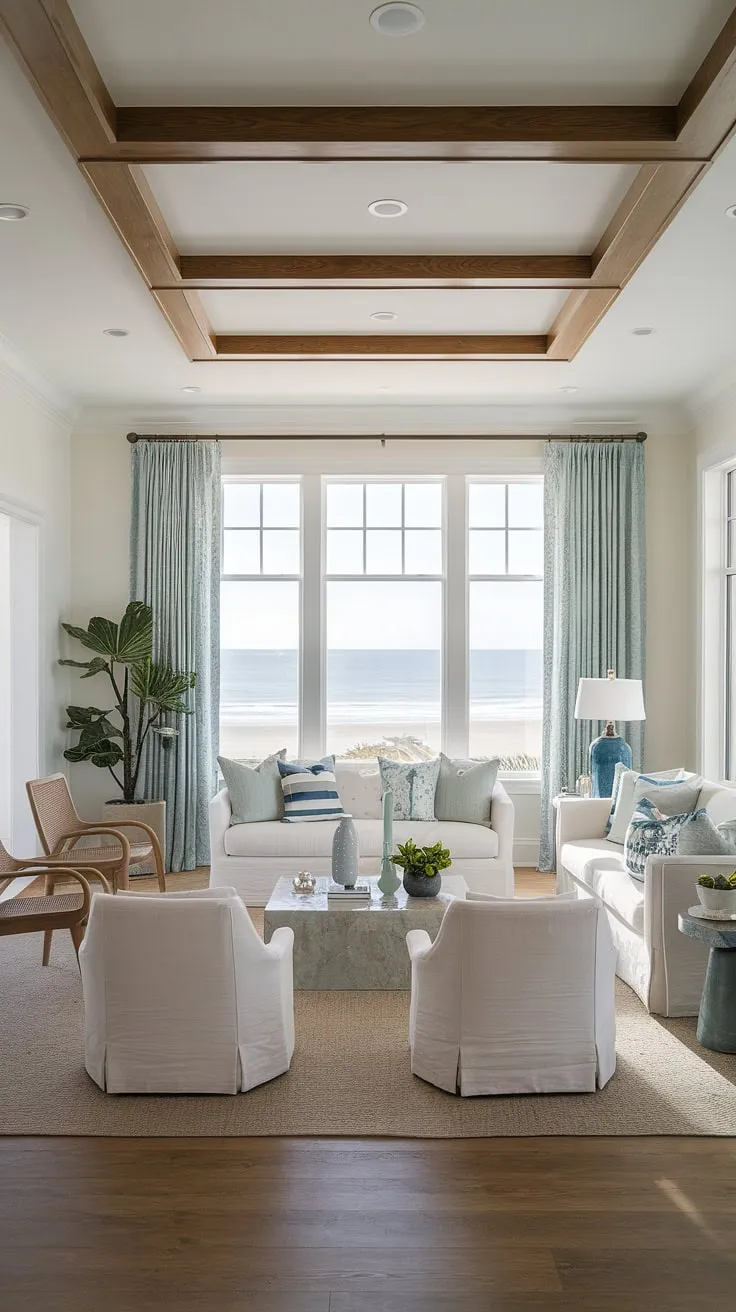 This coastal apartment's interior is a dream come true.  Coastal interior design elements, like the carefully chosen beach house decor, perfectly complement the coastal beach house decor aesthetic.  The result? A sophisticated Florida beach house interior that embodies the relaxed luxury of coastal modern living room designs and hints of Hamptons decor.