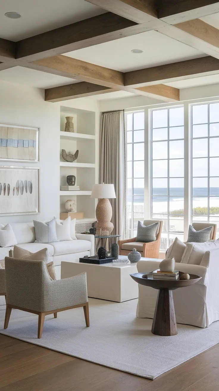 Sunlight streams into this stunning coastal apartment, showcasing the perfect blend of coastal modern living room designs and Hamptons decor.  The coastal ceiling ideas add a touch of elegance to the Florida beach house interior, while the beach house decor creates a relaxed, inviting atmosphere.
