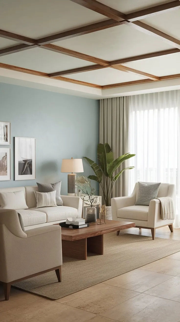 Sunlight streams into this stunning coastal apartment, showcasing the perfect blend of coastal modern living room designs and Hamptons decor.  The coastal ceiling ideas add a touch of elegance to the Florida beach house interior, while the beach house decor creates a relaxed, inviting atmosphere.