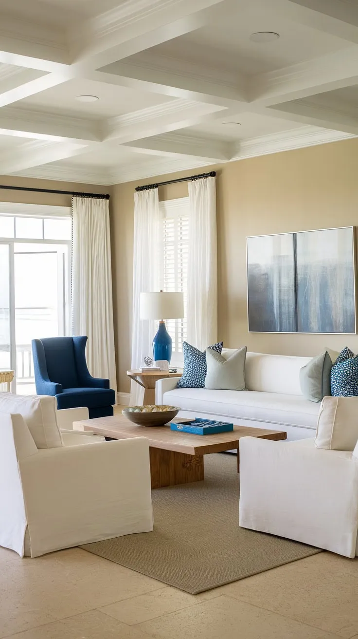 Sunlight streams into this coastal apartment, showcasing the perfect blend of coastal modern living room designs and Hamptons decor.  The coastal ceiling ideas add a touch of elegance to the Florida beach house interior, while the beach house decor and overall coastal interior design create a serene and inviting atmosphere.