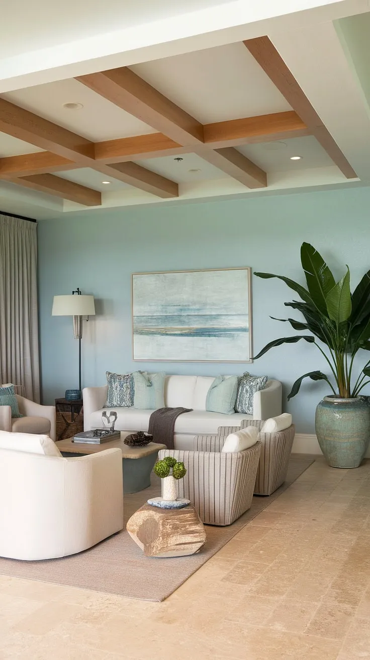 This Florida beach house interior epitomizes coastal beach house decor.  The coastal apartment's design seamlessly integrates coastal interior design elements with a modern twist, creating a sophisticated yet comfortable space.  The coastal ceiling ideas are a highlight, perfectly complementing the Hamptons decor and overall coastal modern living room designs.