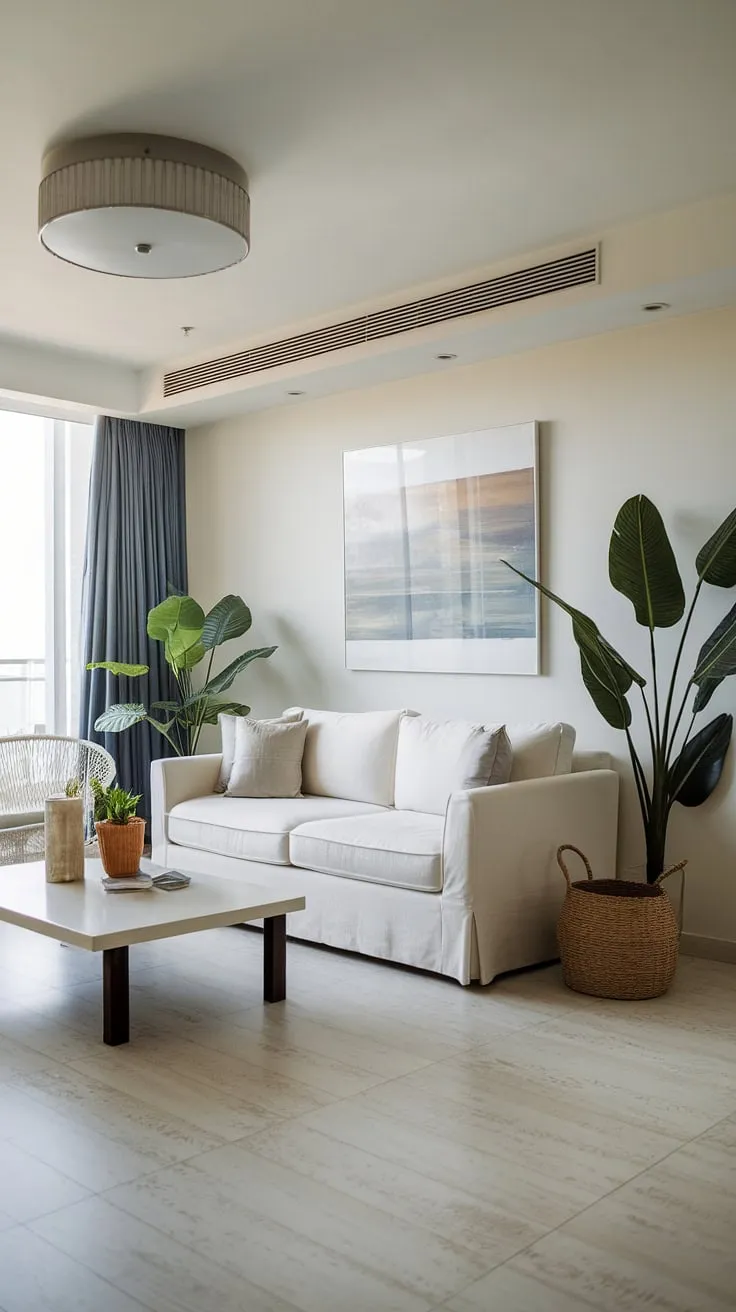 This coastal apartment's interior is a dream come true.  Coastal interior design at its finest, the space effortlessly combines Florida beach house interior elements with the sophisticated style of Hamptons decor.  Note the beautiful coastal ceiling ideas and the overall coastal beach house decor that creates a serene coastal modern living room design.
