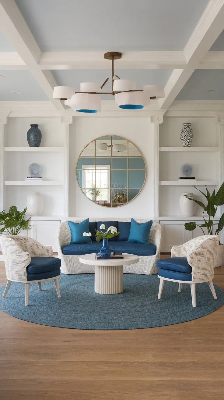 Sunlight streams into this stunning coastal apartment, showcasing the perfect blend of coastal modern living room designs and Hamptons decor.  The coastal ceiling ideas add a touch of elegance to the Florida beach house interior, while the beach house decor creates a relaxed, inviting atmosphere.