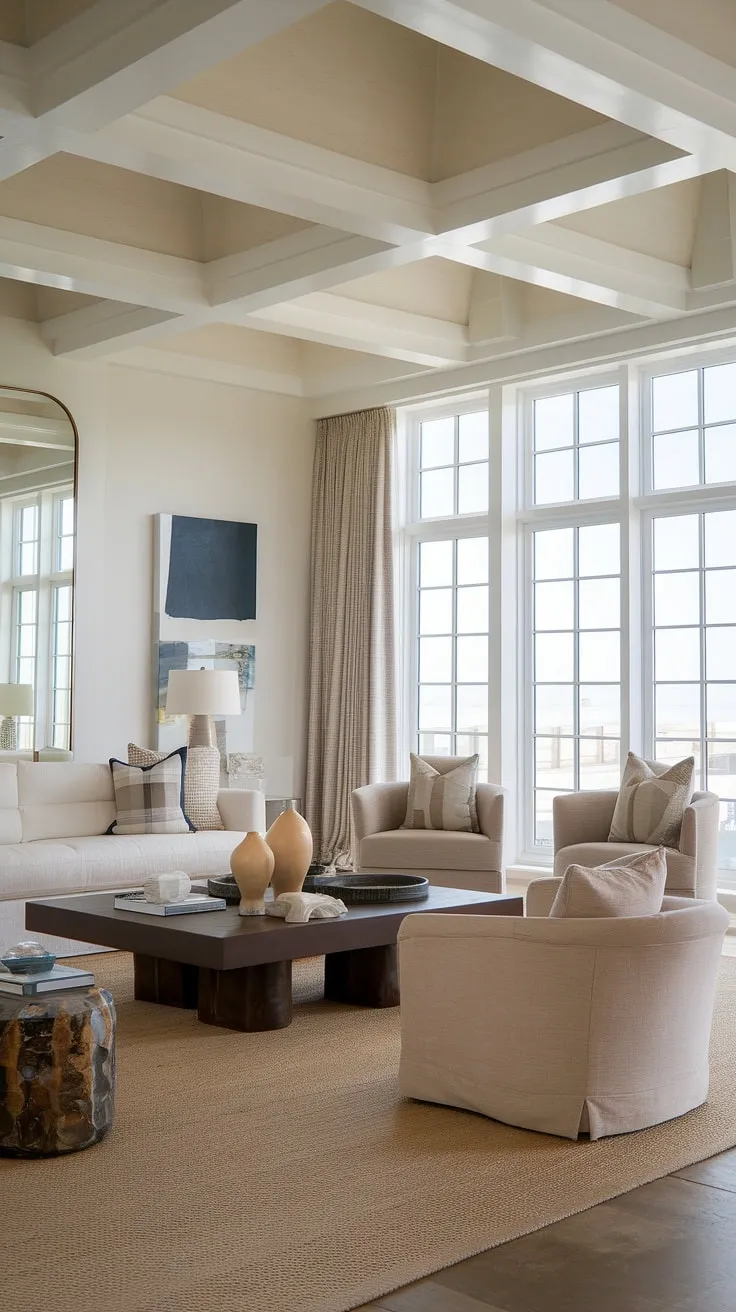 This coastal apartment's interior design is a dream come true.  Coastal beach house decor meets sophisticated coastal modern living room designs, creating a space that effortlessly blends the breezy charm of a Florida beach house interior with the refined style of Hamptons decor. Note the beautiful coastal ceiling ideas.