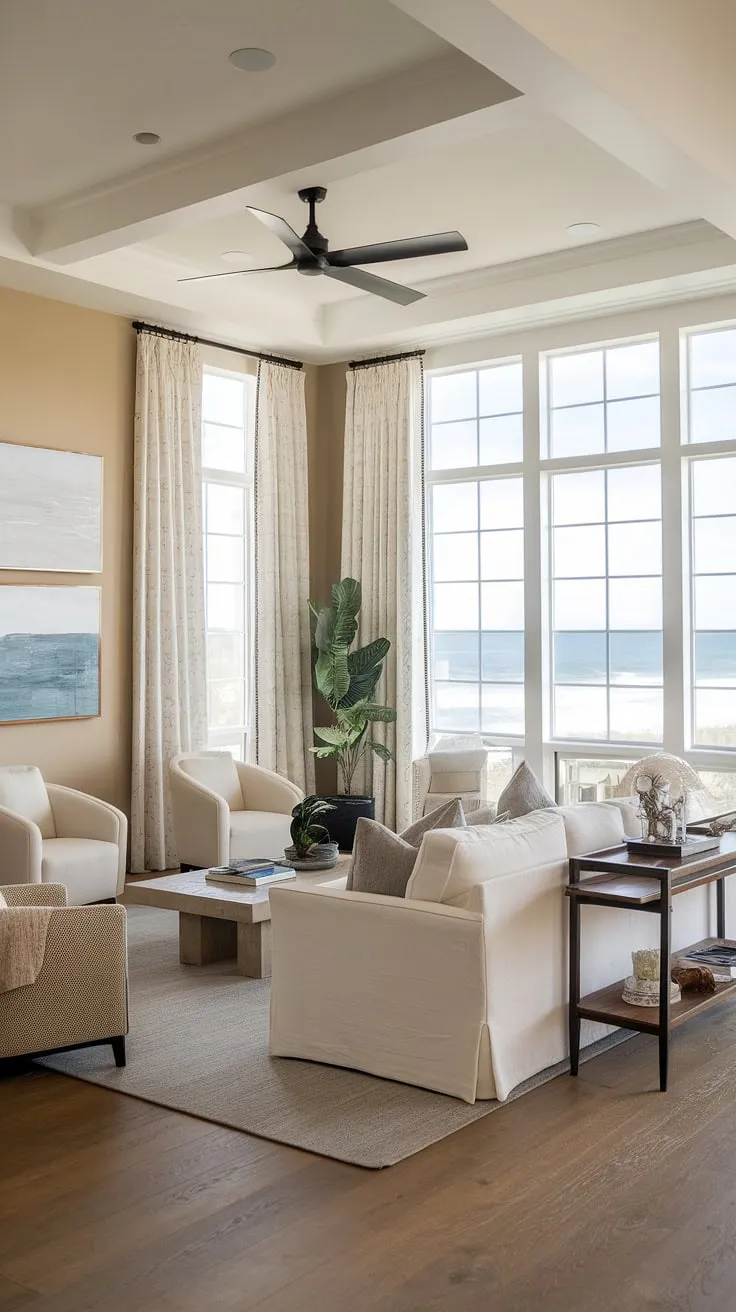 Sunlight streams into this stunning coastal apartment, showcasing the perfect blend of coastal modern living room designs and Hamptons decor.  The coastal ceiling ideas add a touch of elegance, while the Florida beach house interior and beach house decor create a relaxed, inviting atmosphere.