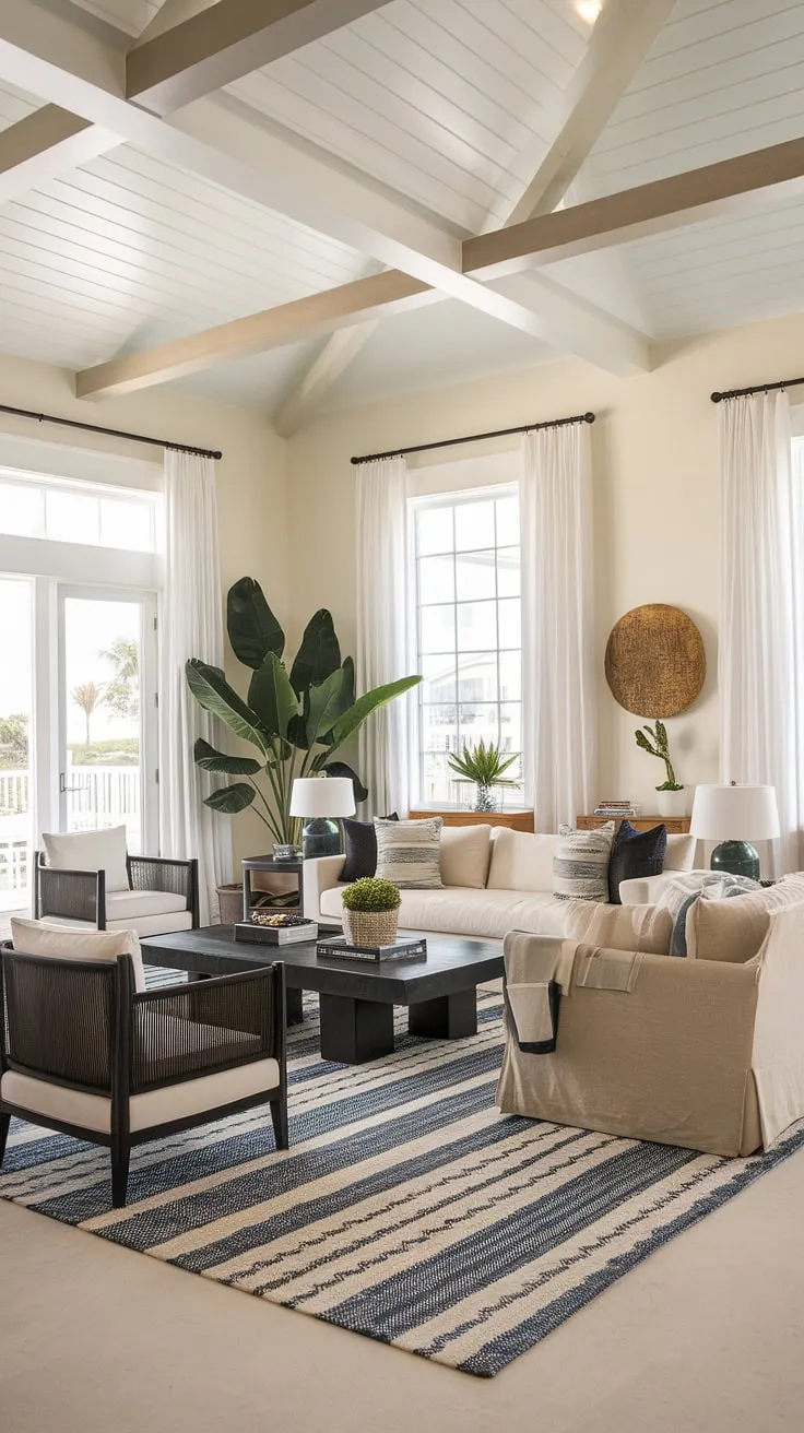 This coastal apartment's interior is a dream come true.  Coastal interior design elements, including the coastal beach house decor and thoughtful coastal ceiling ideas, perfectly complement the Florida beach house interior.  The result? A sophisticated yet comfortable space reflecting the best of Hamptons decor and coastal modern living room designs.