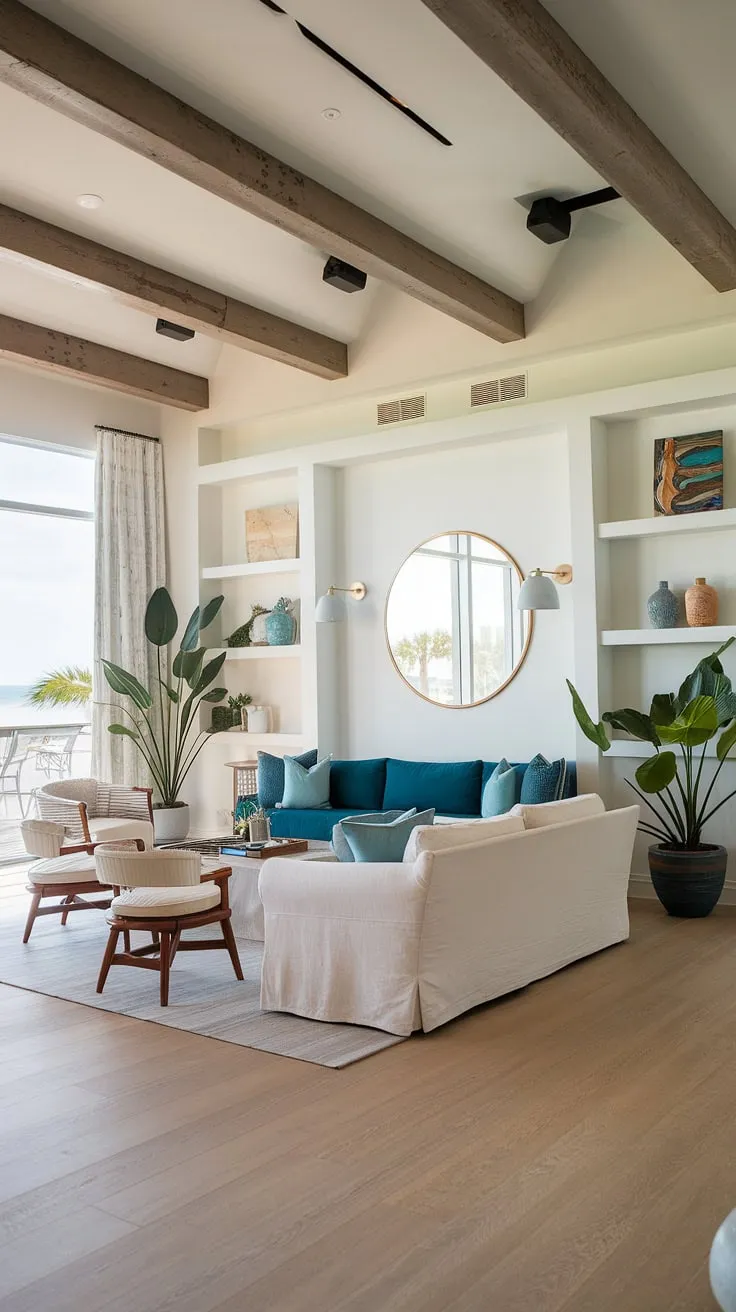 This Florida beach house interior boasts a breathtaking coastal apartment design.  Coastal beach house decor and Hamptons decor elements combine seamlessly, creating a sophisticated coastal interior design. The high ceilings and natural light exemplify the best in coastal modern living room designs.