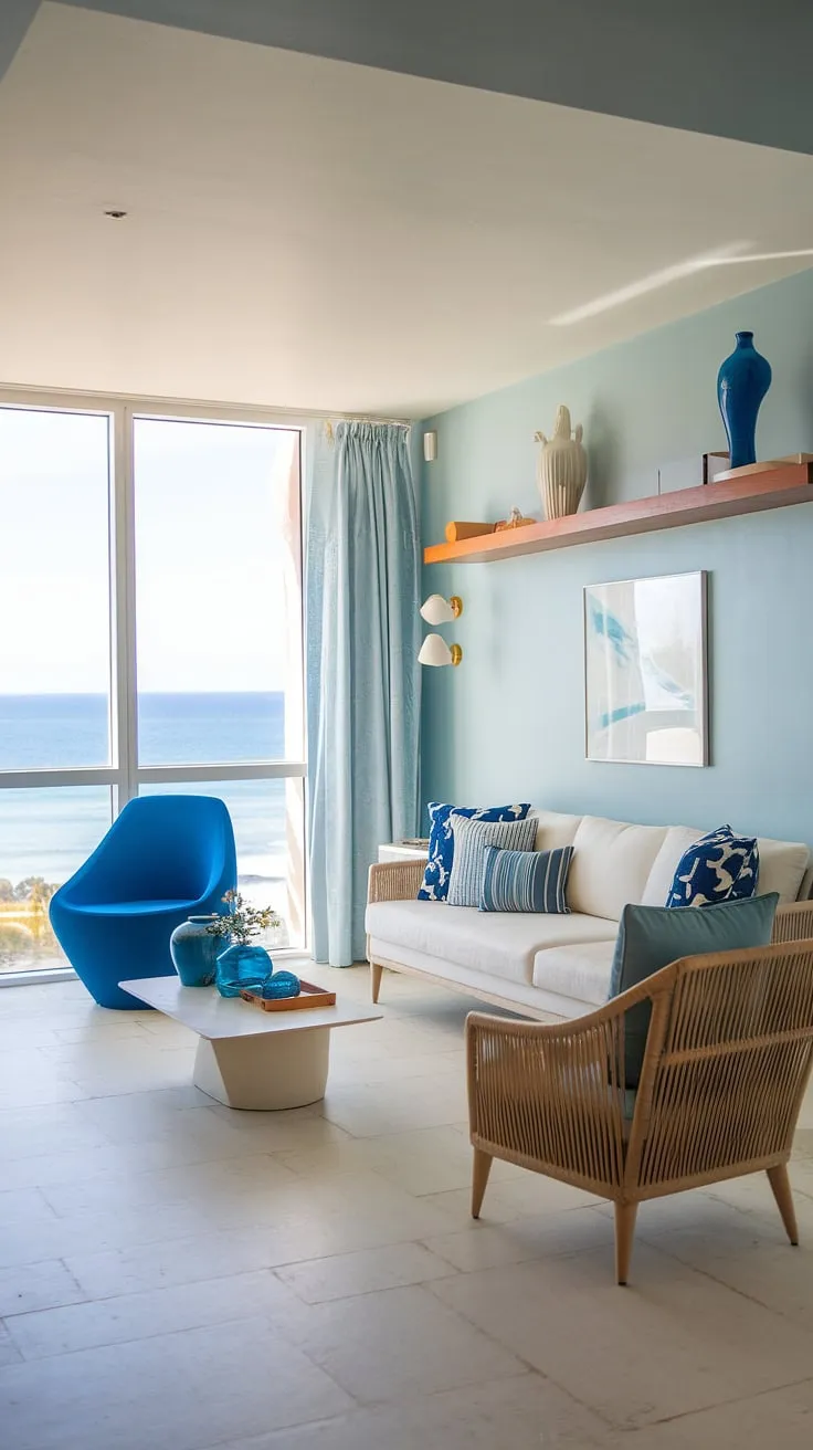 This stunning coastal apartment boasts a sophisticated coastal beach house decor style.  The light blue walls, white tile floors, and stunning ocean view exemplify coastal modern living room designs.  Elements of Hamptons decor and thoughtful coastal ceiling ideas complete this dreamy Florida beach house interior.