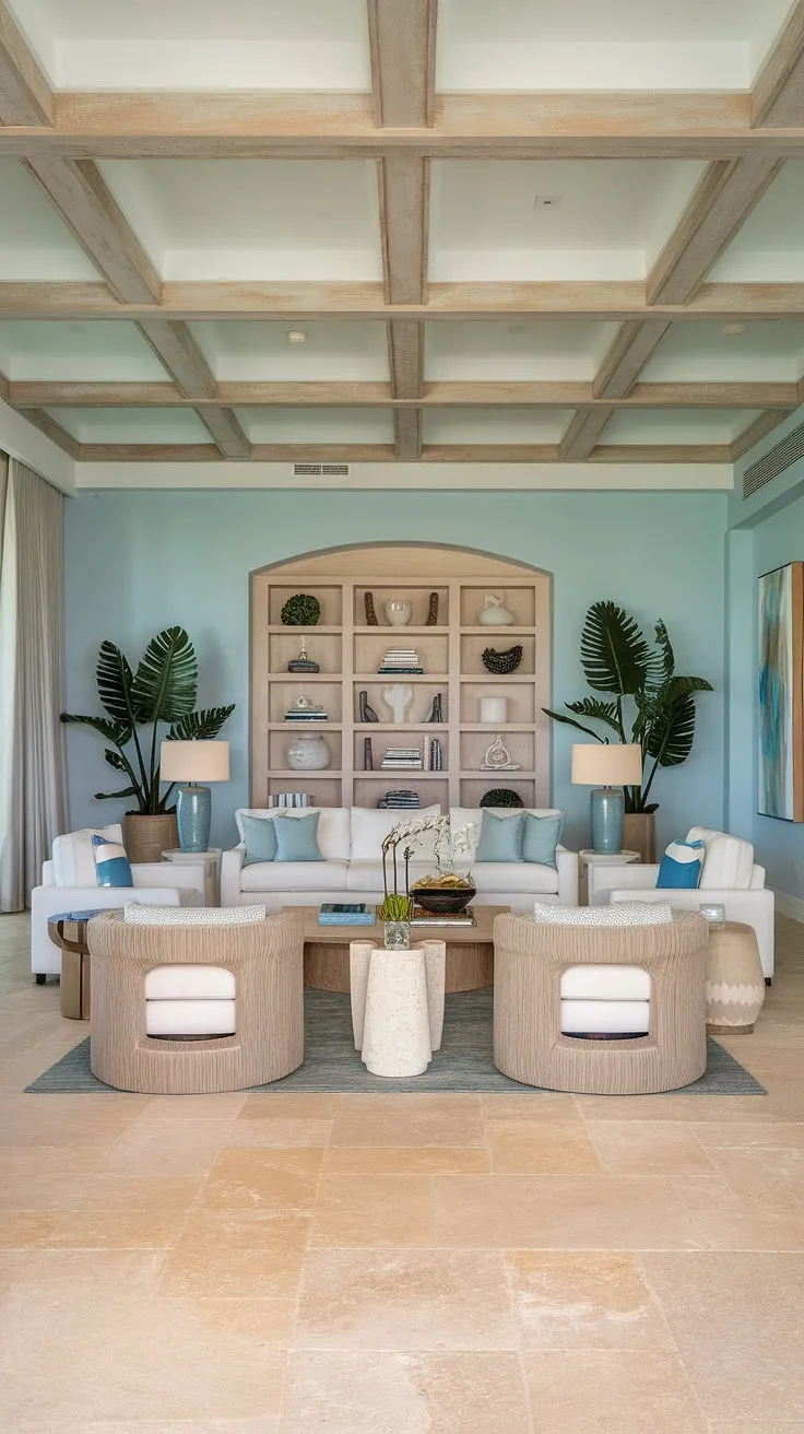 This coastal apartment's interior is a dream come true.  Coastal interior design elements, like the carefully chosen beach house decor, create a serene space reminiscent of a Hamptons escape.  The coastal beach house decor and coastal modern living room designs seamlessly blend to offer the ultimate Florida beach house interior experience.