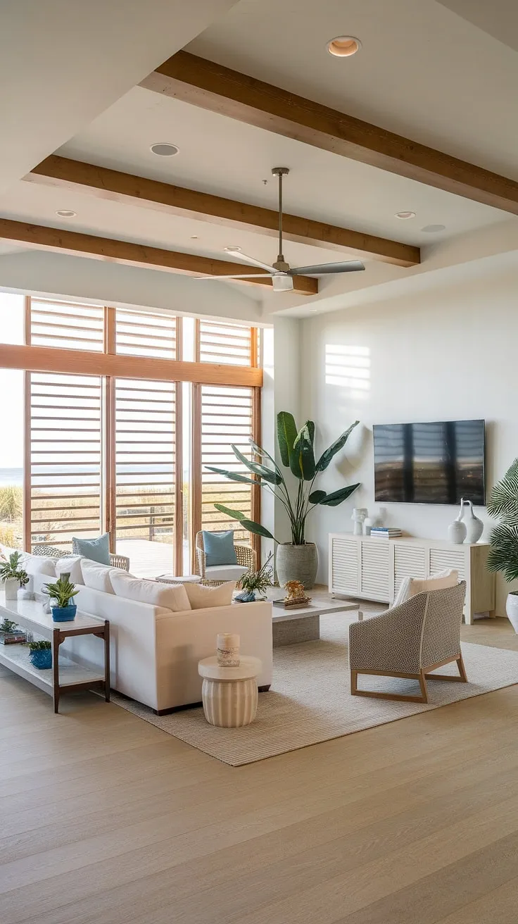 Relax and unwind in this stunning coastal beach house decor.  The coastal modern living room designs are perfectly executed in this Florida beach house interior, showcasing a sophisticated yet comfortable coastal apartment aesthetic.  Note the beautiful coastal ceiling ideas and the incorporation of Hamptons decor elements for a truly tranquil and stylish space.