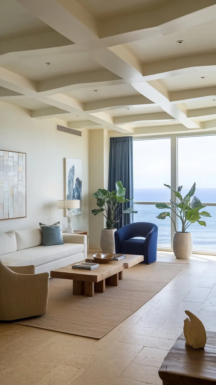 Sunlight streams into this coastal apartment, showcasing the perfect blend of coastal modern living room designs and Hamptons decor.  The coastal ceiling ideas add a touch of airy elegance to the Florida beach house interior, while the beach house decor and coastal interior design create a relaxed, inviting atmosphere.  Pure coastal bliss.