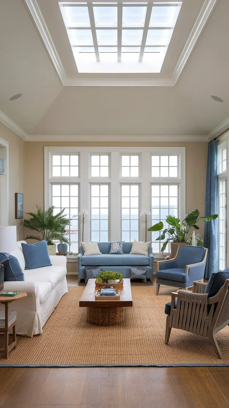 Sunlight streams into this coastal apartment, showcasing the perfect blend of coastal modern living room designs and Hamptons decor.  The coastal ceiling ideas add a touch of airy elegance to the Florida beach house interior, while the beach house decor and coastal interior design create a relaxed, inviting atmosphere.  Pure coastal bliss.