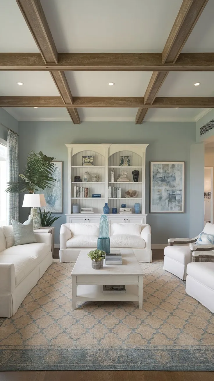 Sunlight streams into this coastal apartment, showcasing the perfect blend of coastal modern living room designs and Hamptons decor.  The coastal ceiling ideas add a touch of airy elegance to the Florida beach house interior, while the beach house decor and coastal interior design create a relaxed, inviting atmosphere.  Pure coastal bliss.