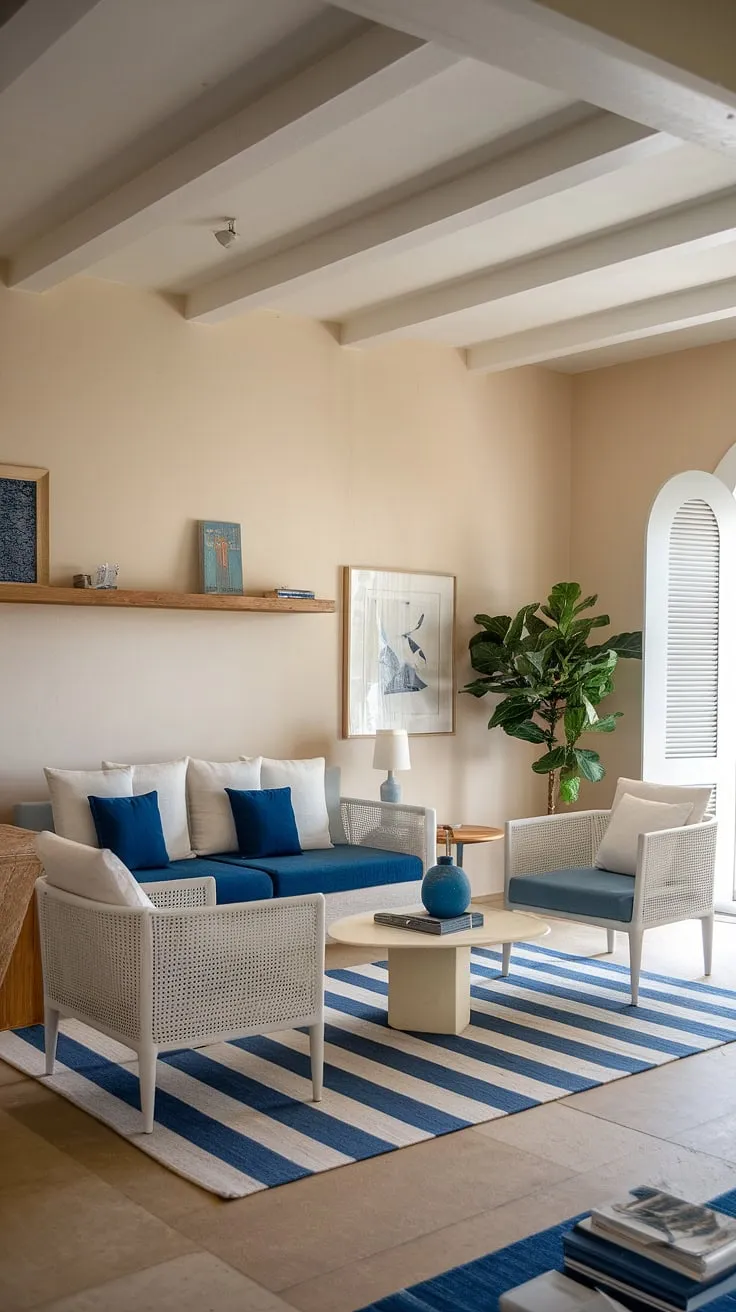 This coastal apartment's interior is a dream come true.  Coastal interior design at its finest, featuring beautiful coastal beach house decor and inspiring coastal ceiling ideas.  The space effortlessly blends Florida beach house interior style with the sophisticated charm of Hamptons decor, creating the ultimate coastal modern living room designs.