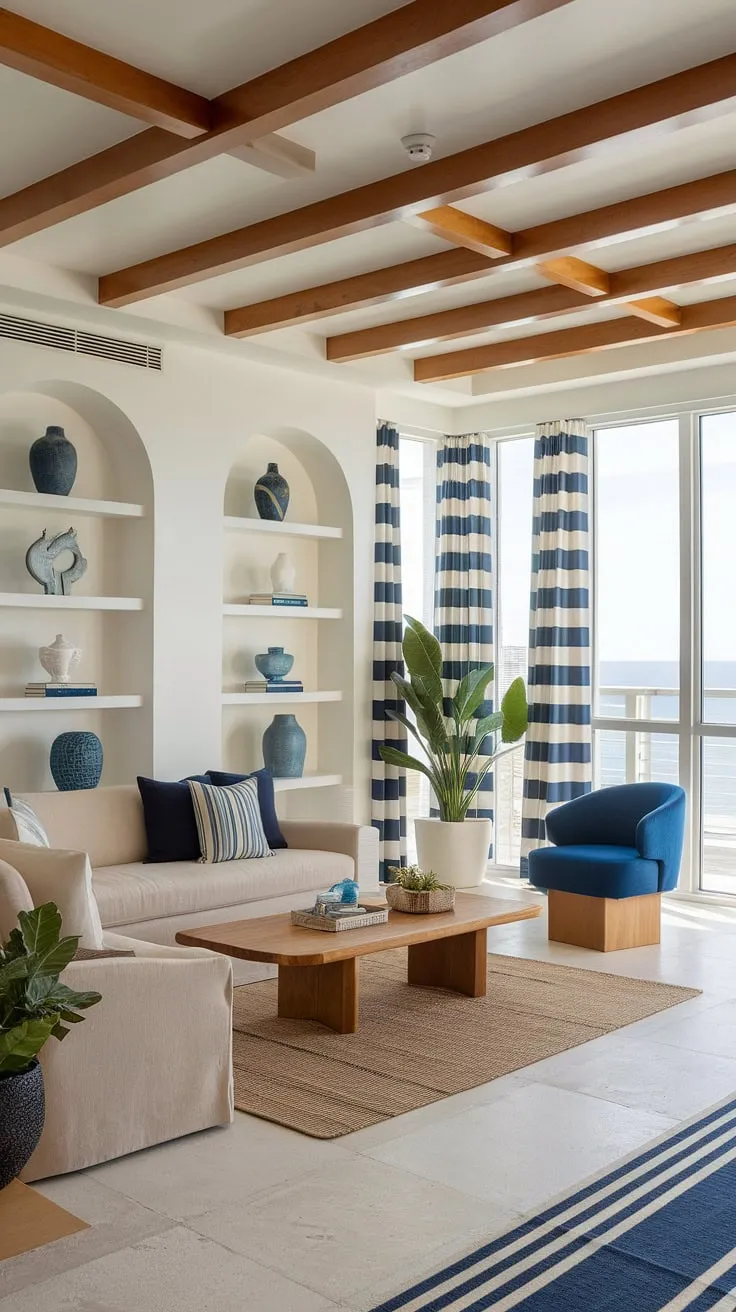 This stunning coastal apartment boasts a sophisticated take on coastal beach house decor.  The Florida beach house interior is effortlessly chic, blending coastal interior design elements with Hamptons decor for a truly unforgettable coastal modern living room design. Note the beautiful coastal ceiling ideas.