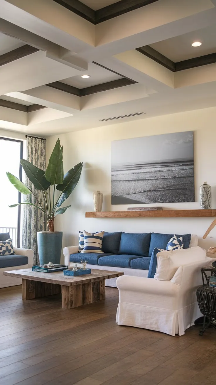 Coastal beach house decor at its finest! This coastal interior design features a bright and airy Florida beach house interior, complete with a stunning coastal modern living room. The exposed beams and carefully curated accessories, including the large potted plant, perfectly capture the essence of beach house decor.