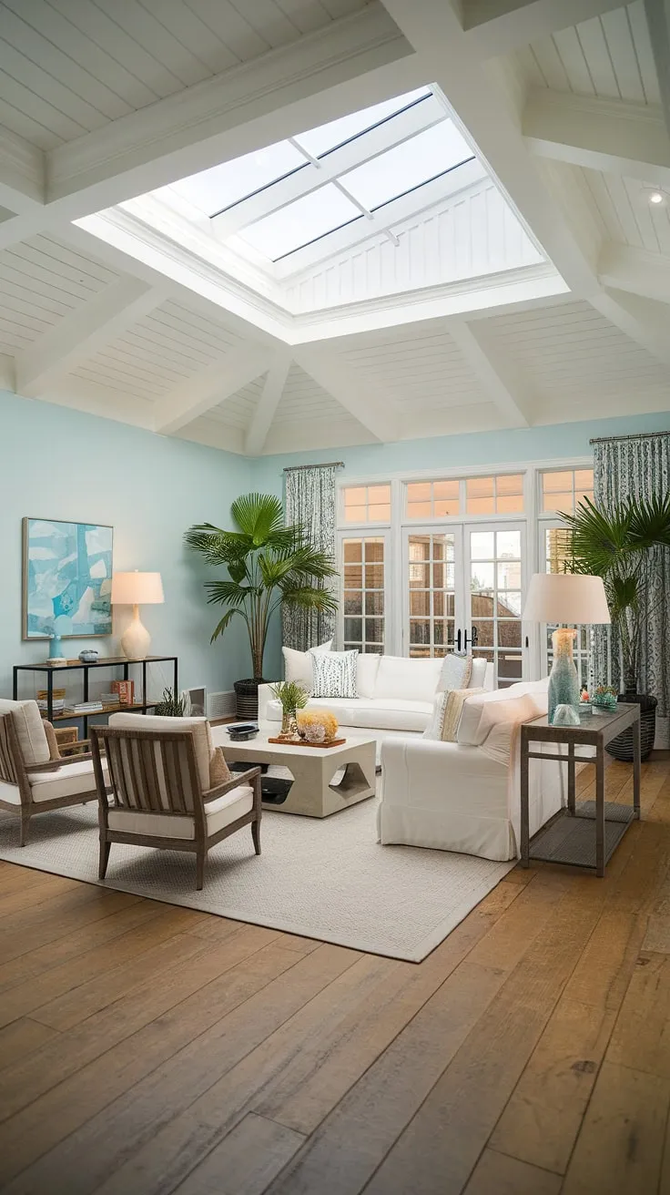 Sunlight streams into this coastal apartment, showcasing the perfect blend of coastal modern living room designs and Hamptons decor.  The coastal ceiling ideas add a touch of airy elegance to the Florida beach house interior, while the beach house decor and coastal interior design create a relaxed, inviting atmosphere.  A true testament to coastal beach house decor at its finest.