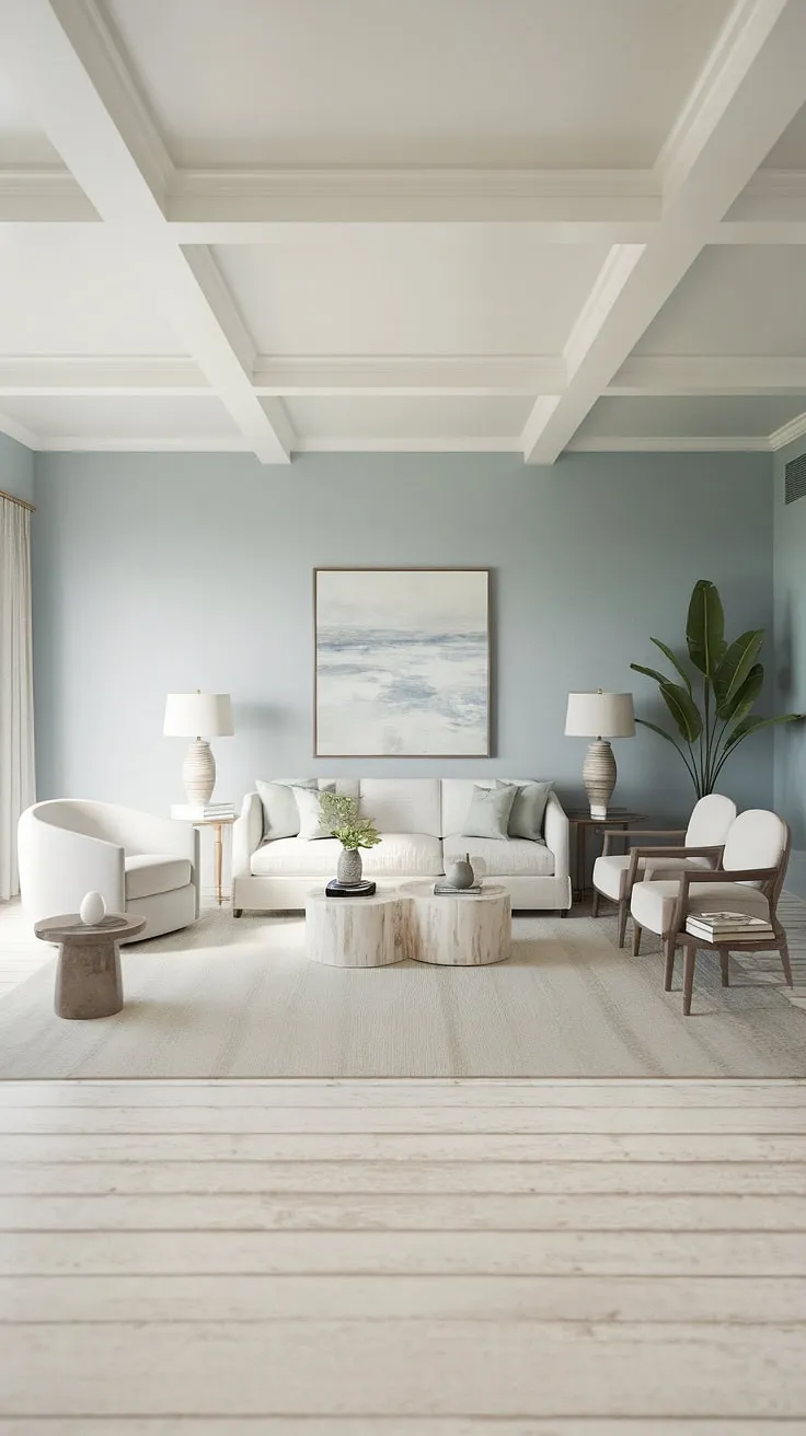 Sunlight streams into this stunning coastal apartment, showcasing the perfect blend of coastal modern living room designs and Hamptons decor.  The coastal ceiling ideas add a touch of elegance to the Florida beach house interior, while the beach house decor creates a relaxed, inviting atmosphere.