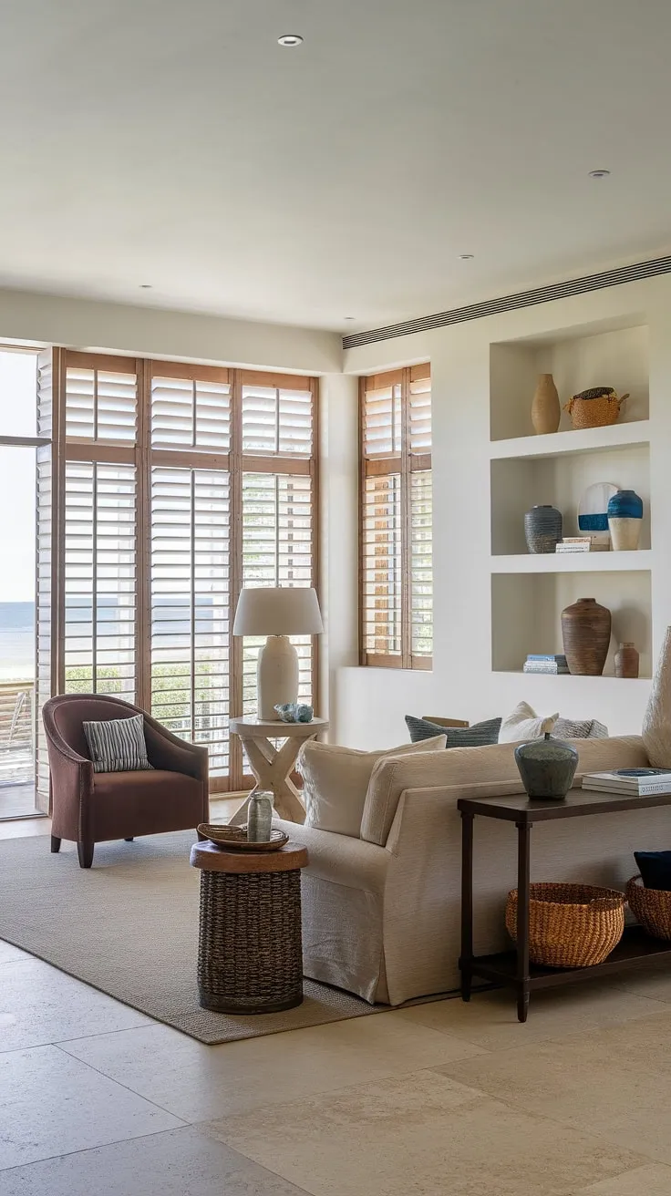 This coastal modern living room design perfectly captures the essence of coastal interior design.  The spacious Florida beach house interior boasts a calming palette, highlighted by the natural light filtering through the shutters.  Coastal beach house decor is effortlessly blended with hamptons decor elements, creating a sophisticated yet relaxed coastal apartment feel.  The simple coastal ceiling ideas add to the overall airy ambiance.