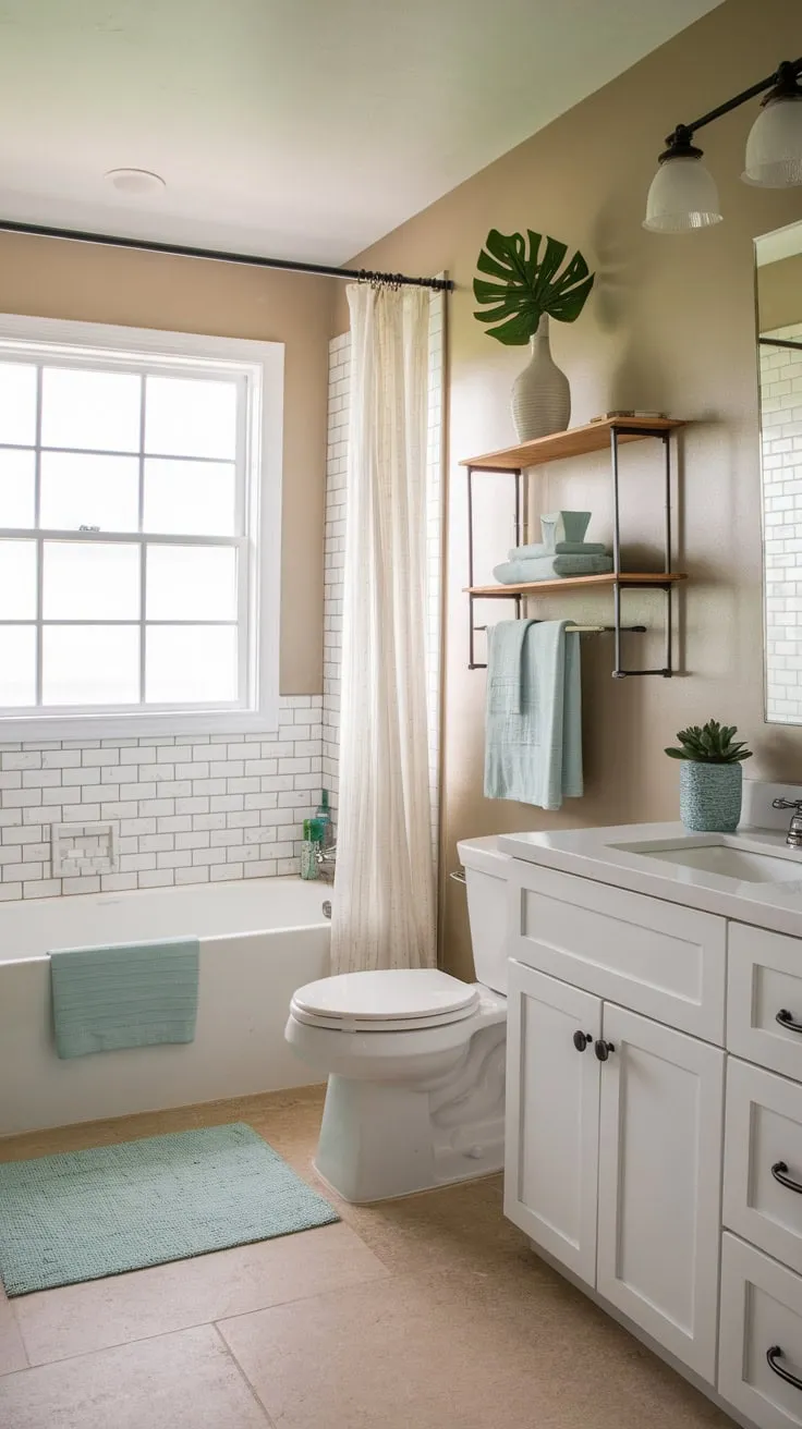A tranquil coastal farmhouse bathroom remodel features white fixtures, beige tones, and subtle beachy details for a relaxing atmosphere.