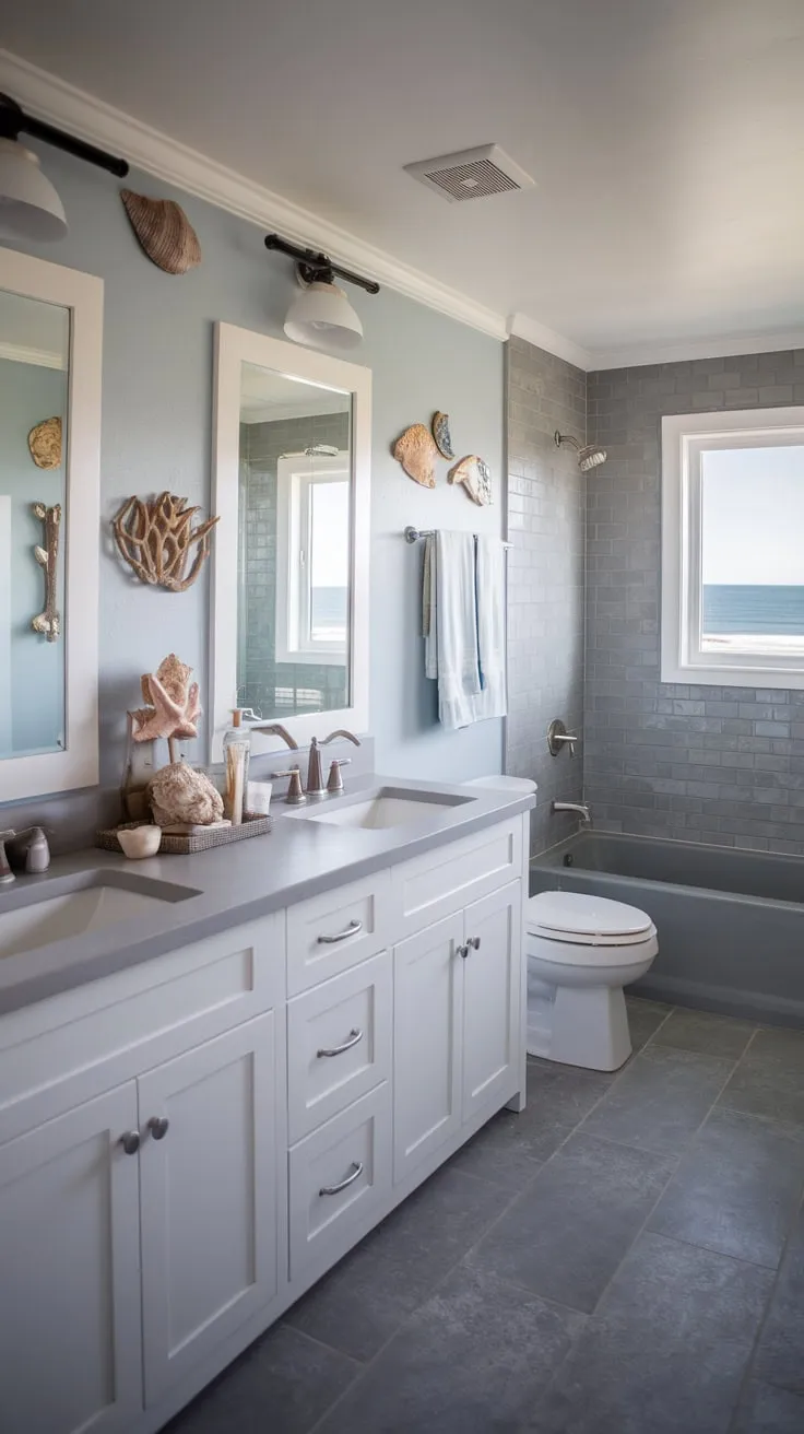 A gray and white coastal bathroom remodel evokes the calming atmosphere of the ocean with its shell décor and ocean view.