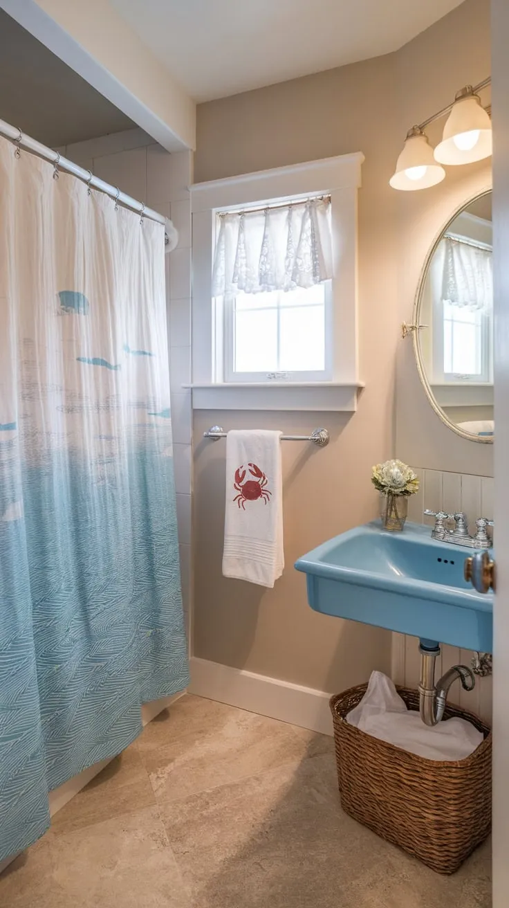 This half-bath's beachy design, with beige walls and tiles, creates a tranquil seaside escape.