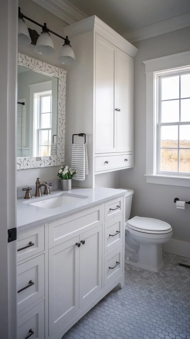 A charming coastal bathroom remodel blends farmhouse style with serene ocean views.
