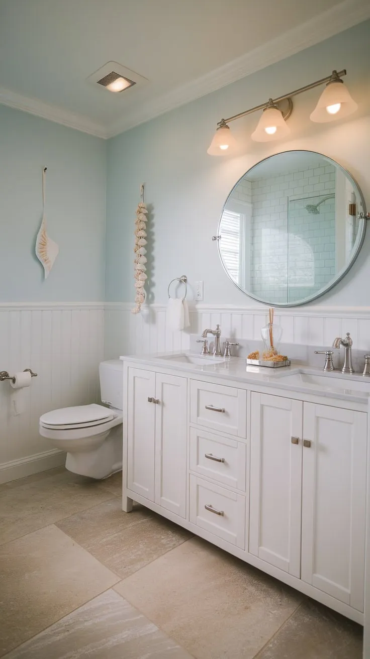 Modern coastal charm fills a light blue bathroom with a double vanity, shell accents, and beige tile flooring