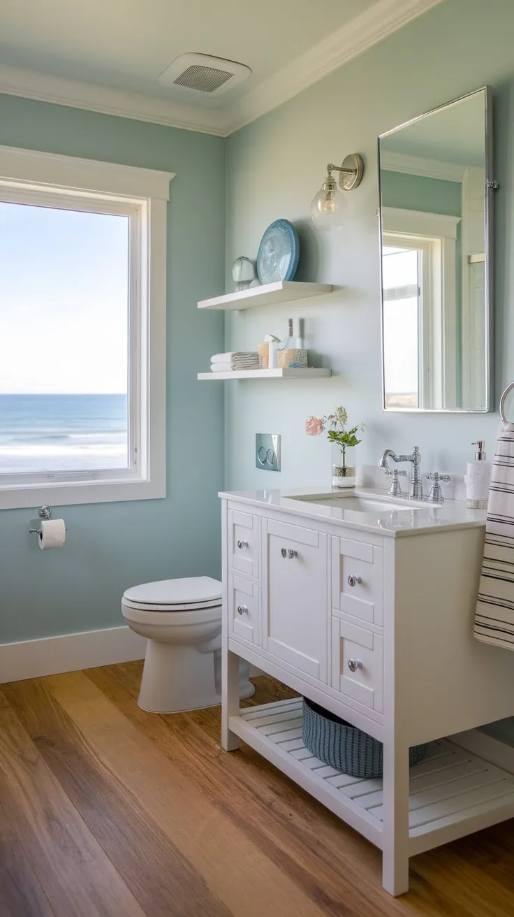 Ocean views and calming blue walls create a serene coastal bathroom retreat