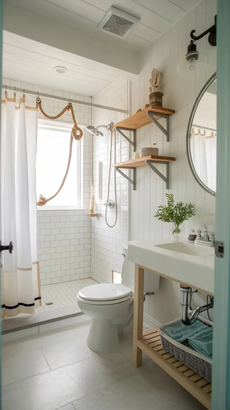 A farmhouse coastal bathroom boasts a modern, nautical design with refreshing white tiles and charming beachy accents.