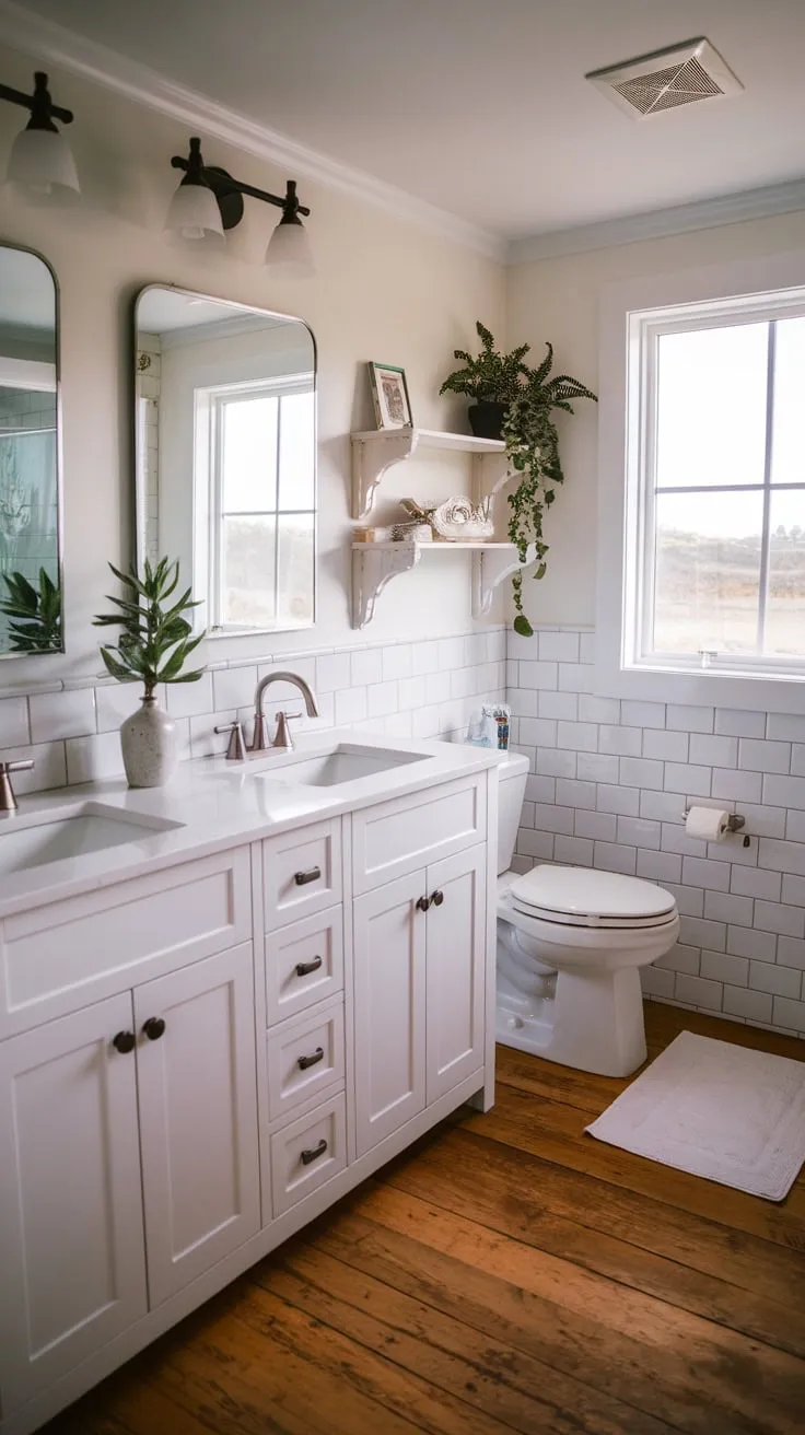 Relax in this serene coastal farmhouse bathroom, featuring a bright white vanity, wood floors, and a tranquil view.