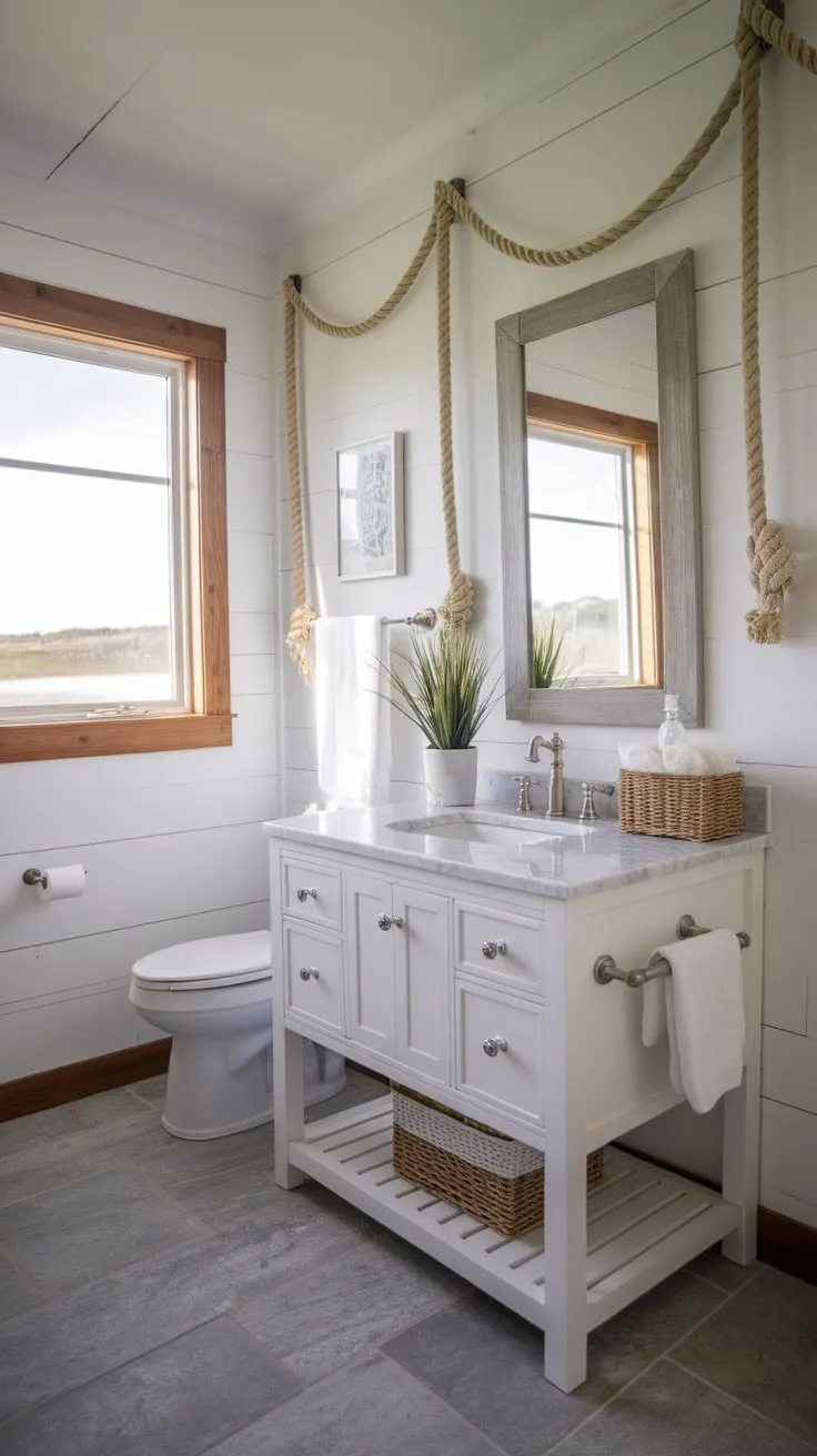 A modern coastal bathroom remodel boasts a bright white vanity, grey tile, and charming nautical details for a tranquil beach escape.