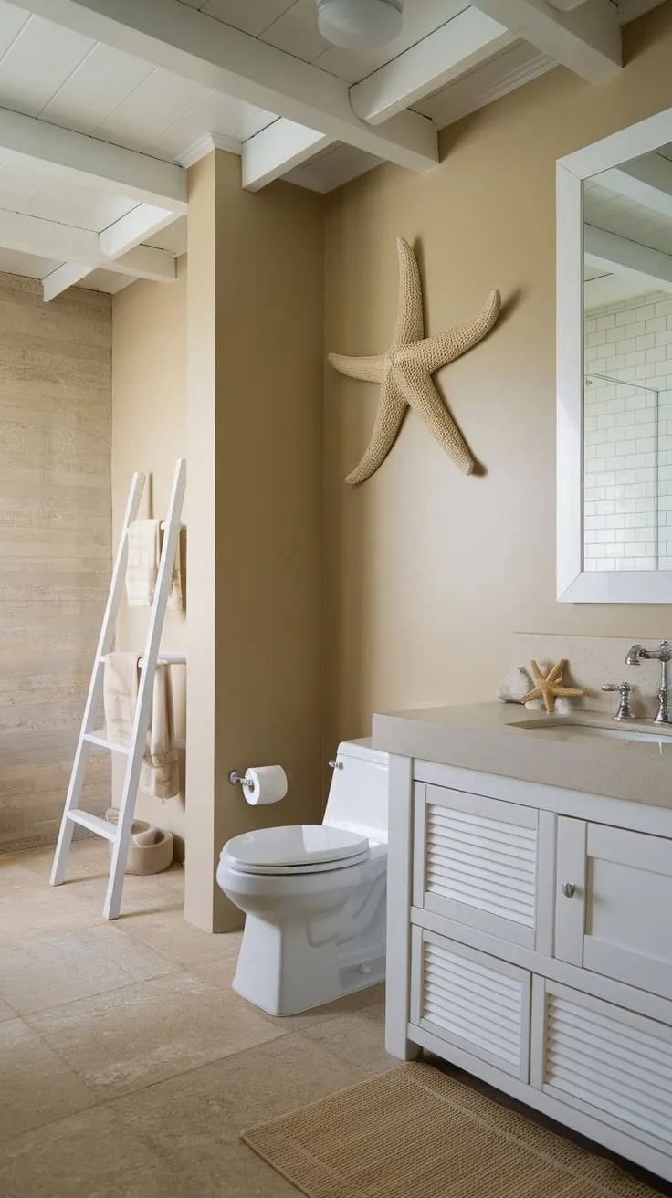 A beige and white coastal bathroom boasts a minimalist design punctuated by charming starfish decor.