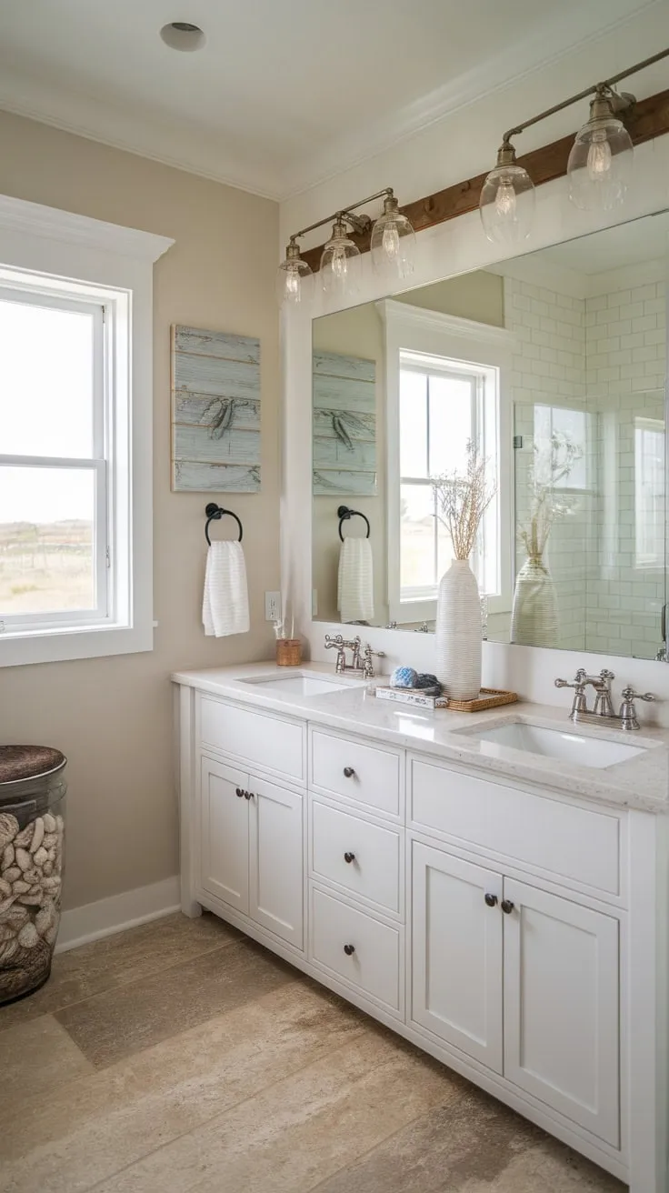 Coastal charm meets farmhouse practicality in this bright bathroom, featuring a double vanity and serene ocean views.