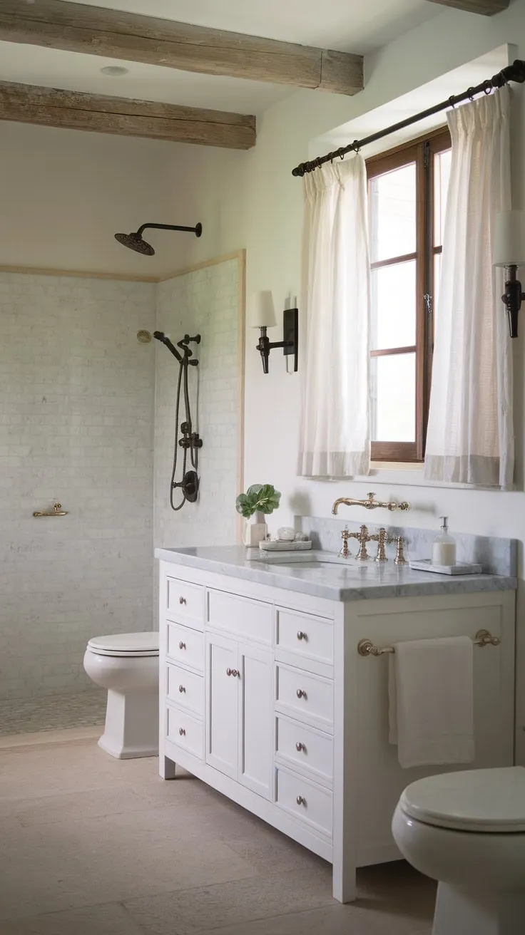 A modern beach house bathroom boasts a white vanity, marble top, and wall-mounted shower, creating a calming coastal escape.