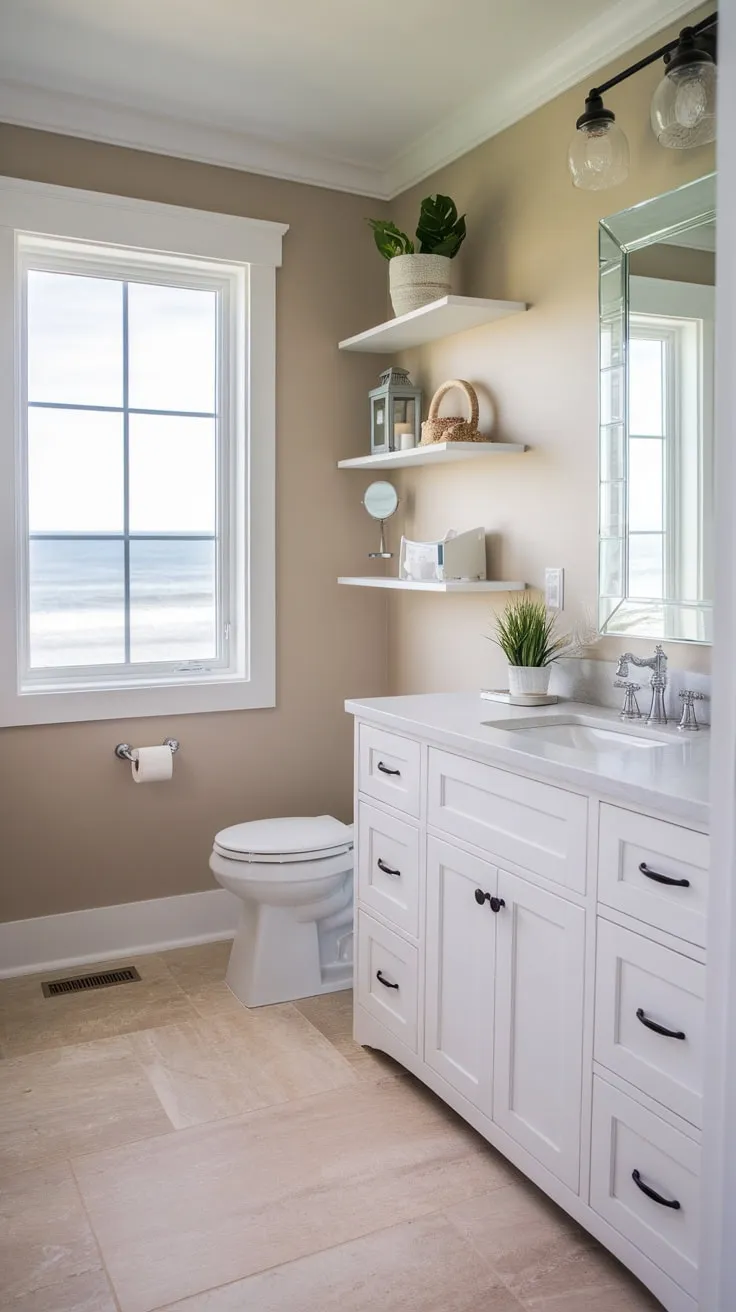 A remodeled coastal farmhouse bathroom offers a tranquil escape with ocean vistas and beach-inspired decor.