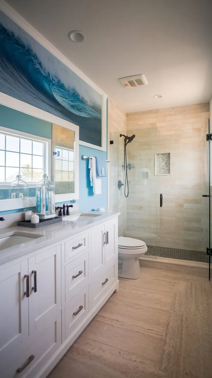 A serene coastal farmhouse bathroom remodel boasts a calming beach theme with a double vanity, glass shower, and wave-inspired art.