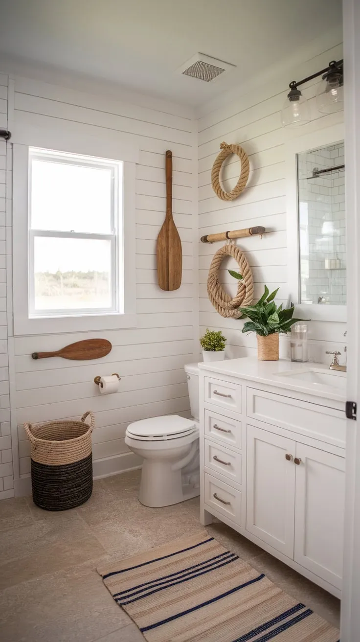 Relax in this bright coastal bathroom, featuring nautical décor and a calming view from its window.