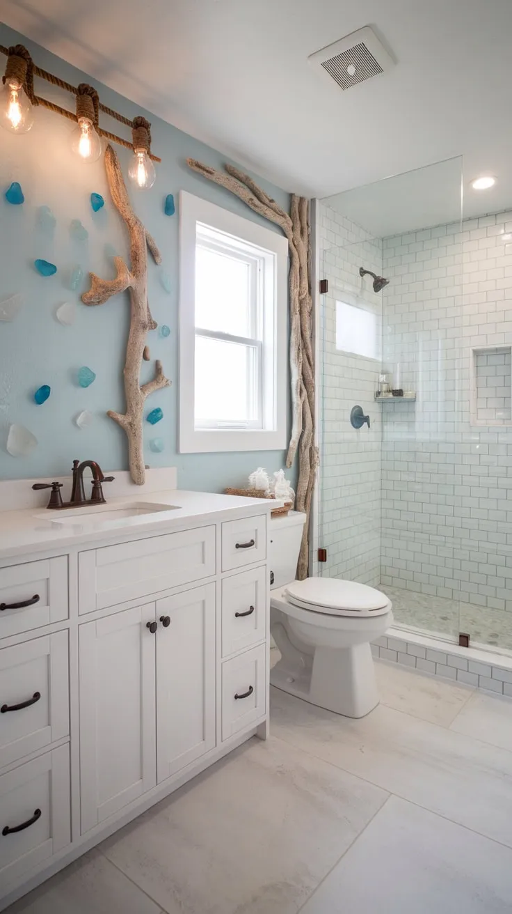 A sunlit coastal bathroom renovation features white fixtures and nautical décor for a relaxed beach house feel.