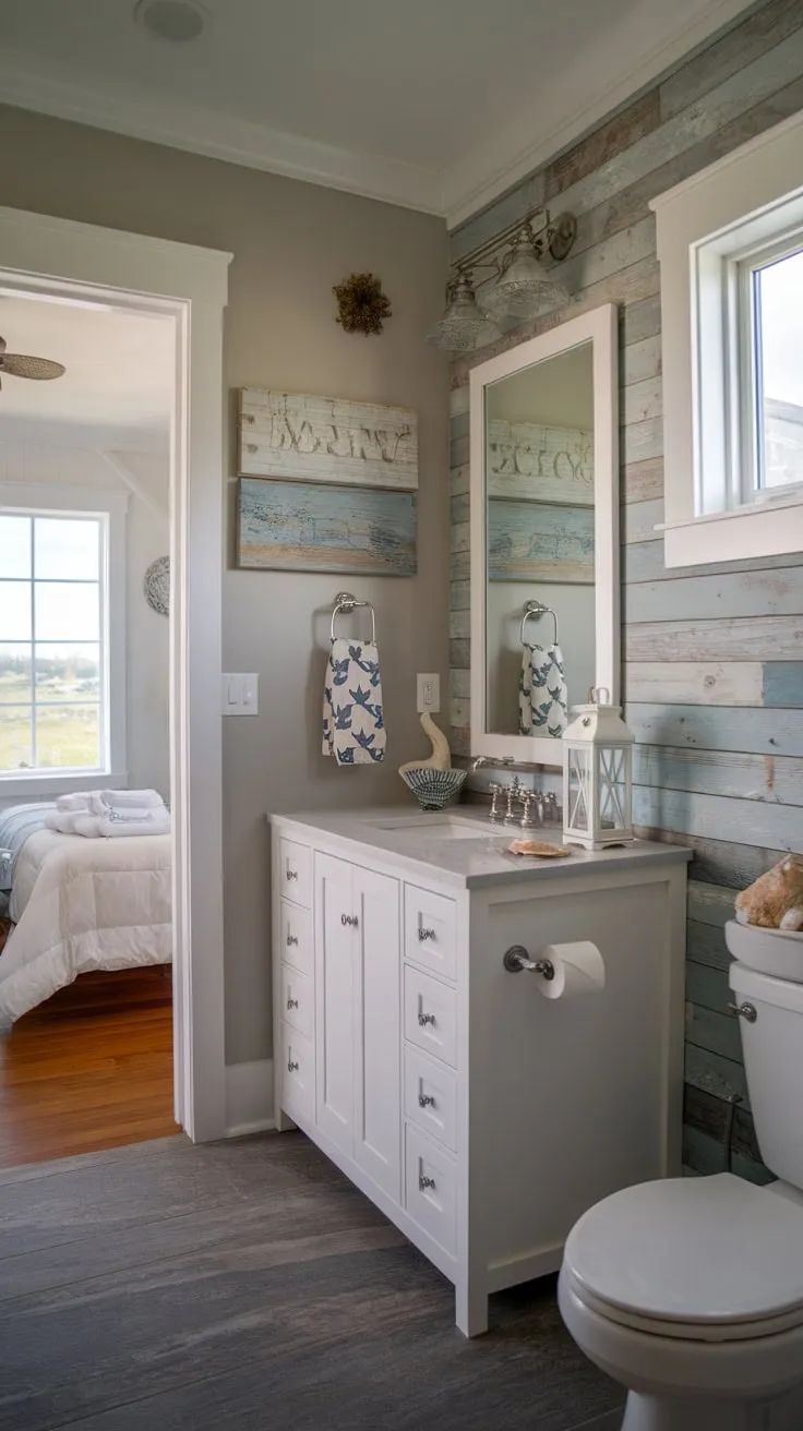 A serene coastal bathroom blends modern farmhouse style with beachy accents in a light and airy space.