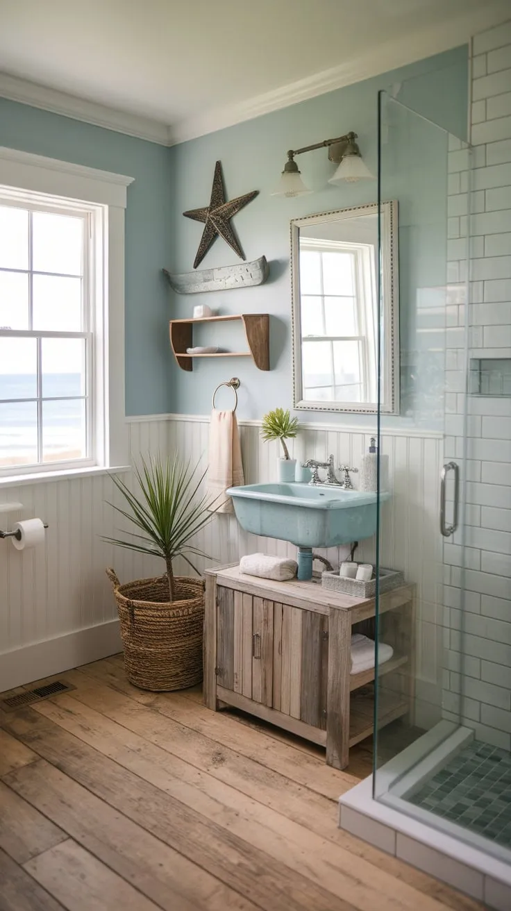 A light blue coastal bathroom with farmhouse charm boasts nautical accents, wooden floors, and a window showcasing breathtaking sea views.