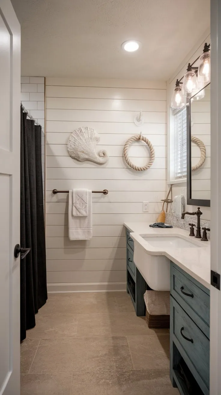A sunlit coastal bathroom remodel boasts a minimalist aesthetic with subtle nautical touches and a black shower curtain.