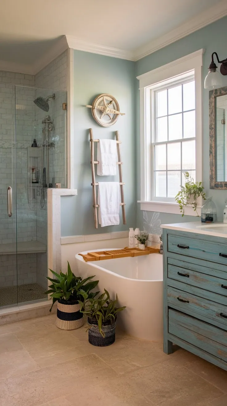 Reclaimed wood and nautical accents define this charming coastal bathroom, its soft blue walls and white tub offering a relaxing seaside retreat.
