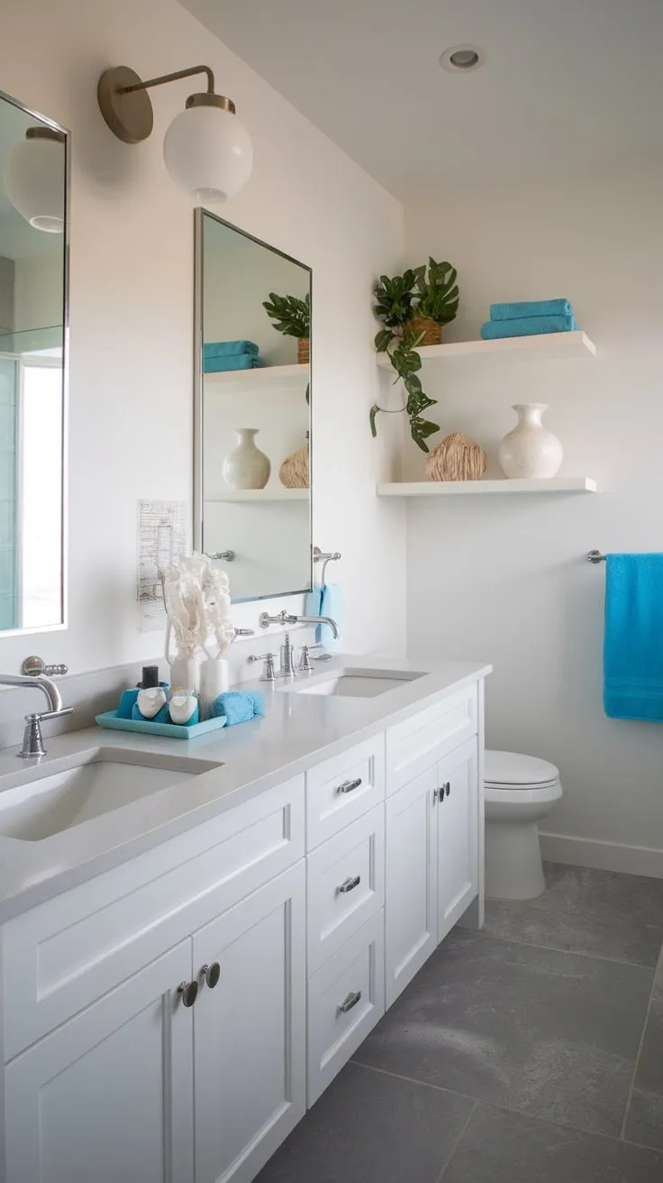 Modern coastal style meets serene functionality in this bright bathroom, featuring a double vanity and beach-inspired accents.