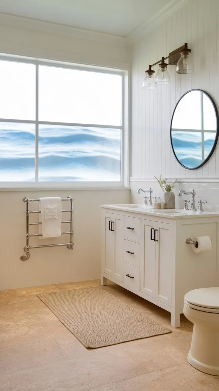 Ocean views and modern design unite in this serene coastal bathroom.