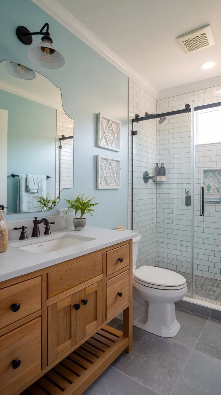 Relaxing coastal farmhouse bathroom design features a wooden vanity, white fixtures, and soft blue walls for a tranquil beach escape
